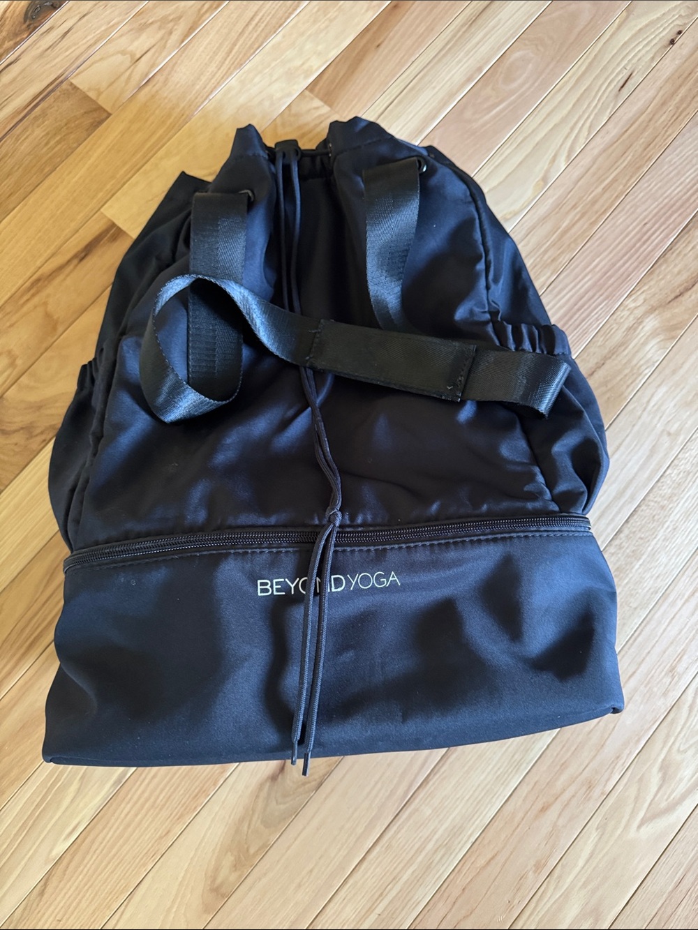 New Without Tags Beyond Yoga Black Drawstring Backpack with Front Zip Pocket